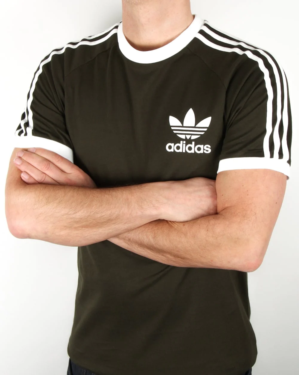 Adidas Originals Retro 3 stripe T Shirt Khaki/White - Image 2