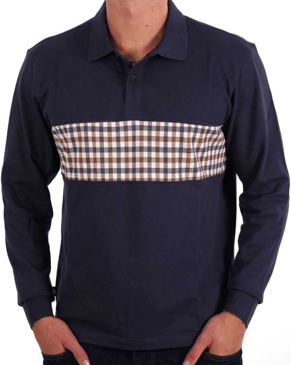 Aquascutum Club Check Insert LS Polo Navy - Image 3