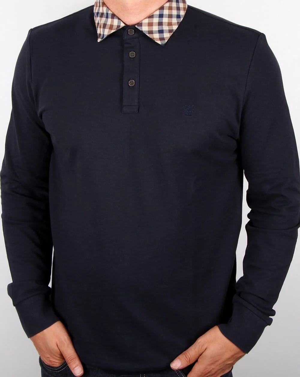 Aquascutum Nathan Check Collar Long Sleeve Polo Shirt Navy