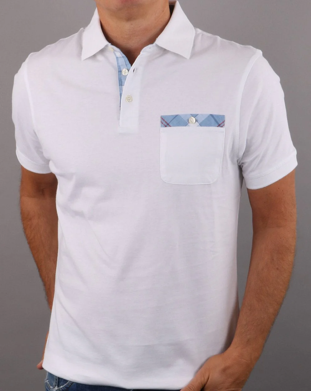 Barbour Tartan Pocket Polo Shirt White - Image 3