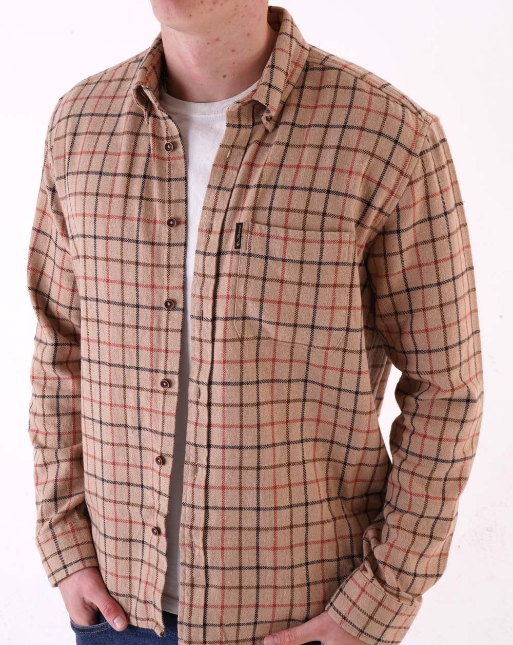 Ben Sherman Recycled Cotton Tattersall Check Shirt Fawn - Image 3