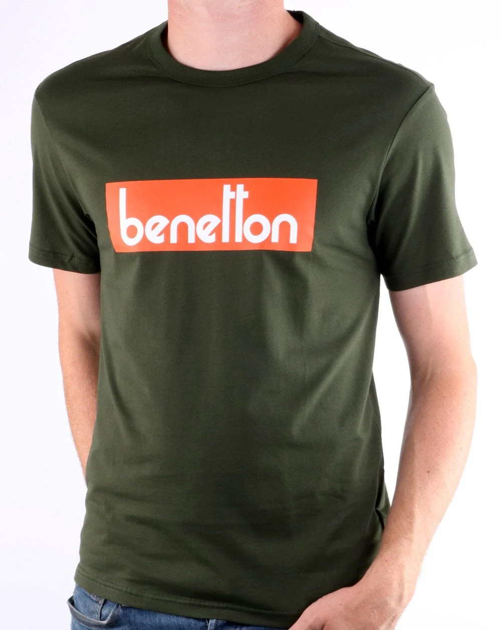 Benetton Box Logo T Shirt Military Green - Image 2
