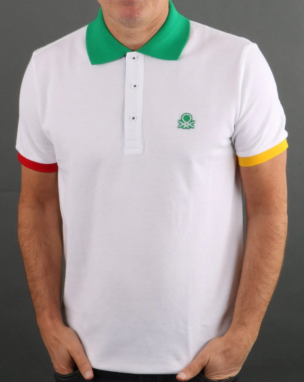 Benetton Iconic Multicolour Trim Polo Shirt White