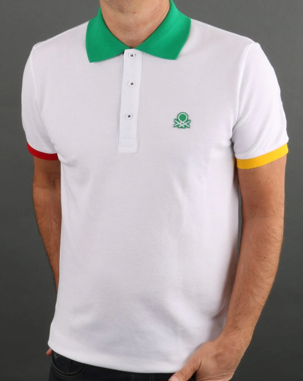 Benetton Iconic Multicolour Trim Polo Shirt White - Image 3