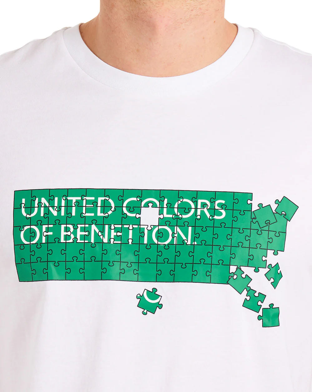 Benetton Jigsaw Logo T Shirt White/Green - Image 3
