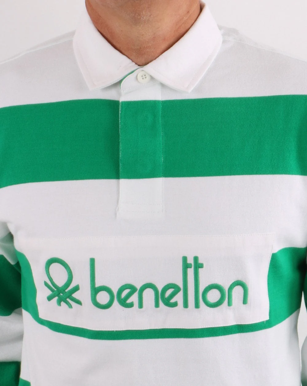 Benetton Striped Rugby Shirt Green/White - Image 2