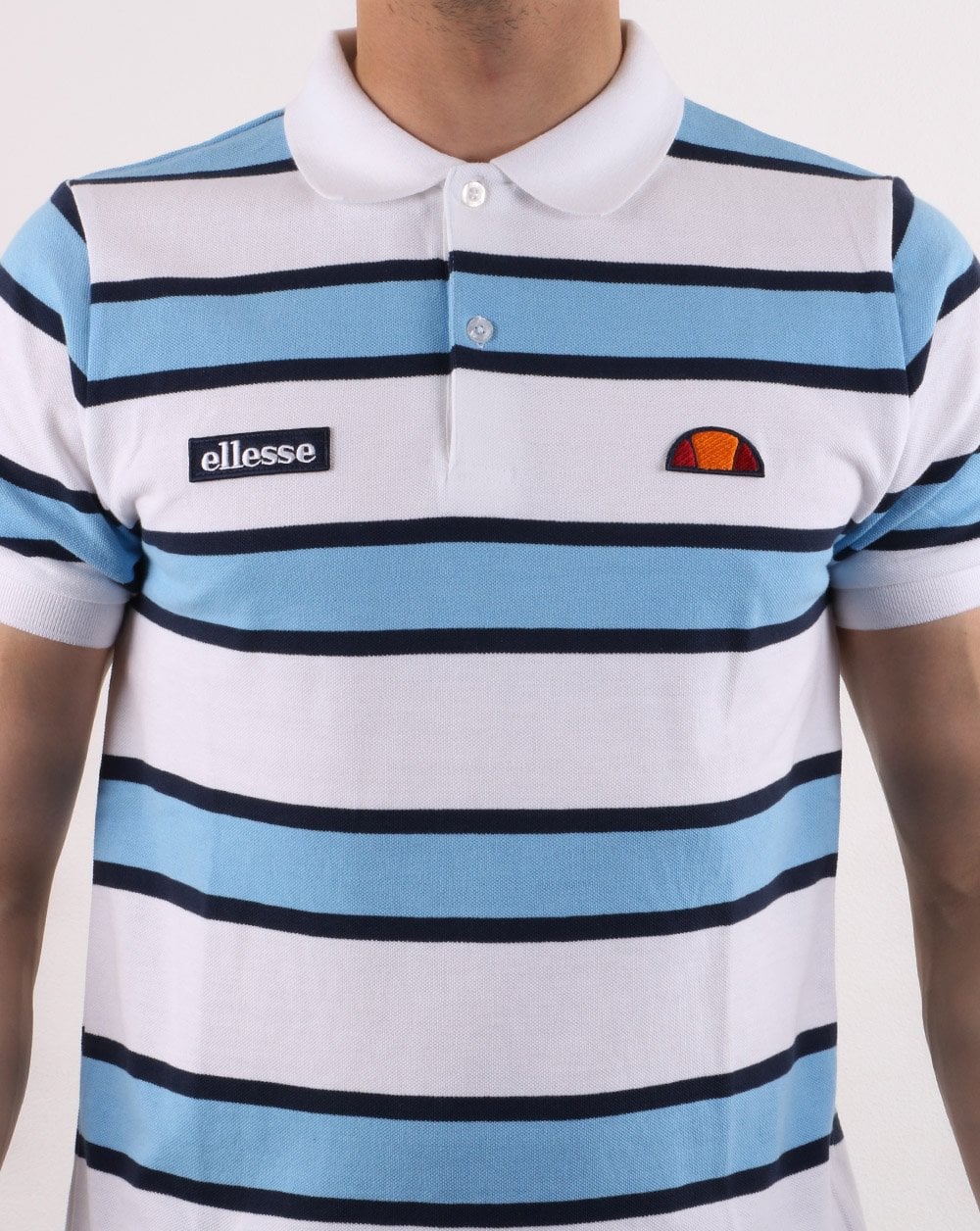 Ellesse Bold Stripe Polo Shirt White/Sky/Navy - Image 4