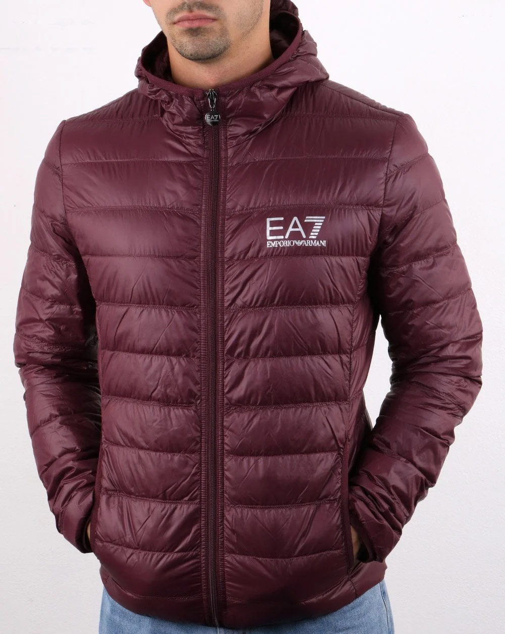 Emporio Armani EA7 Down Hooded Jacket Burgundy - Image 2