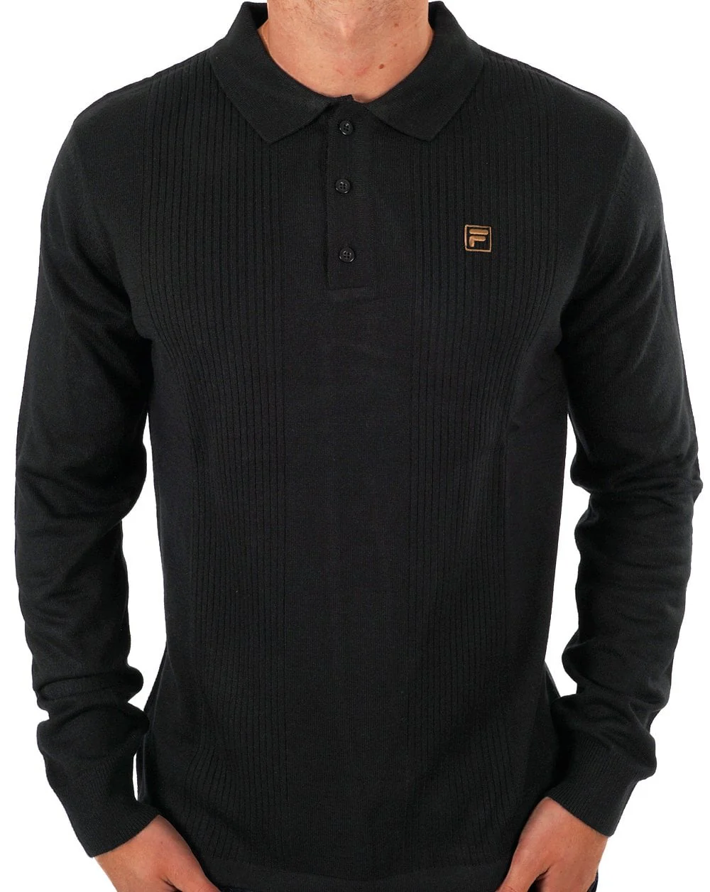 Fila Gold Textured LS Knit Polo Black - Image 3
