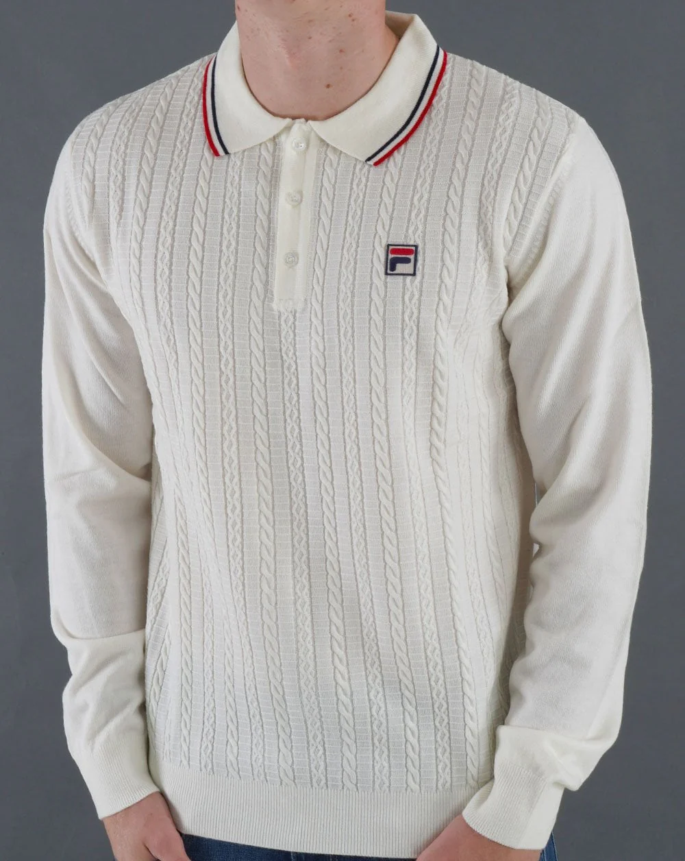 Fila Vintage Cable Knit Polo Off White - Image 3