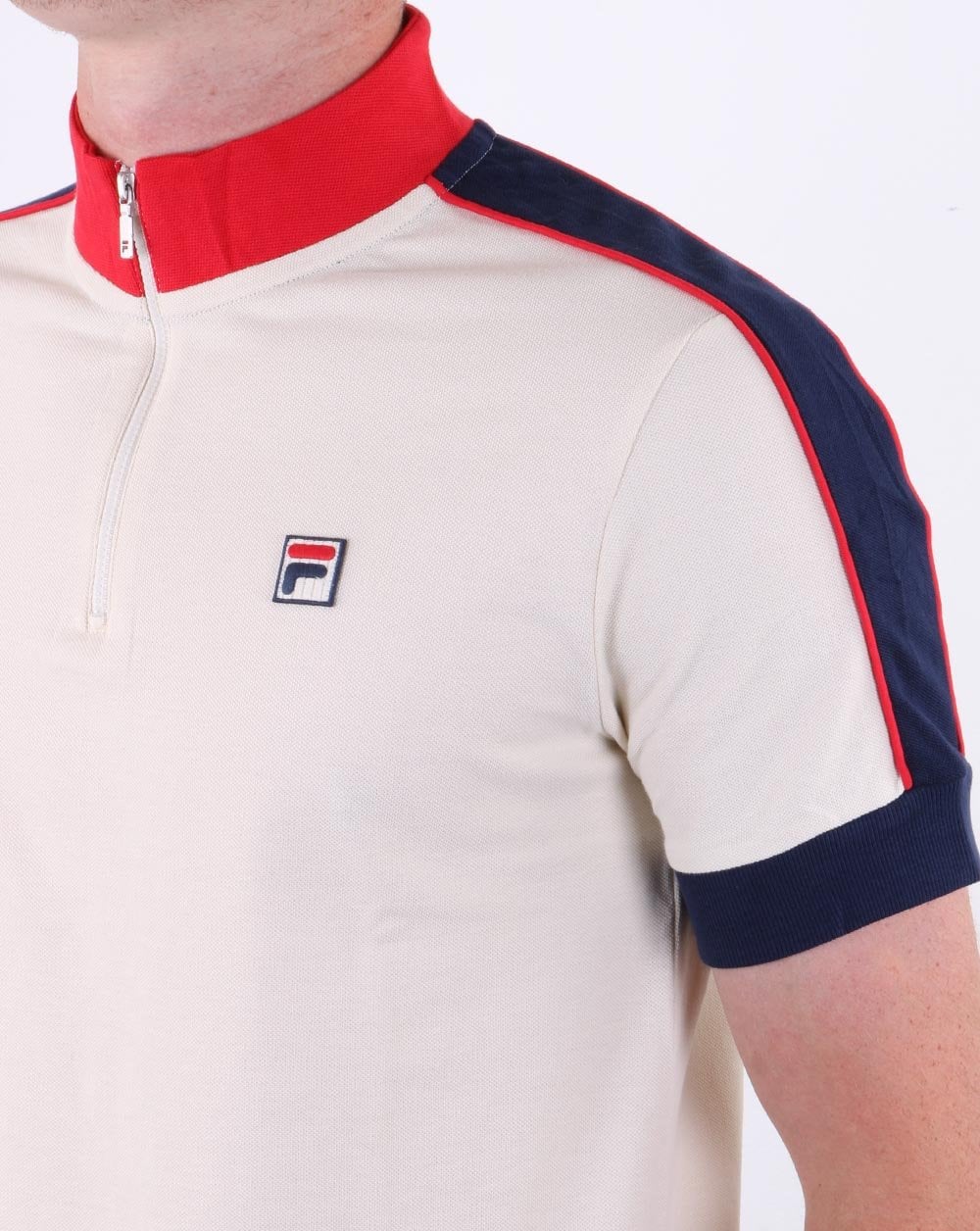 Fila Vintage half Zip Polo Shirt off White/Navy/Red - Image 3