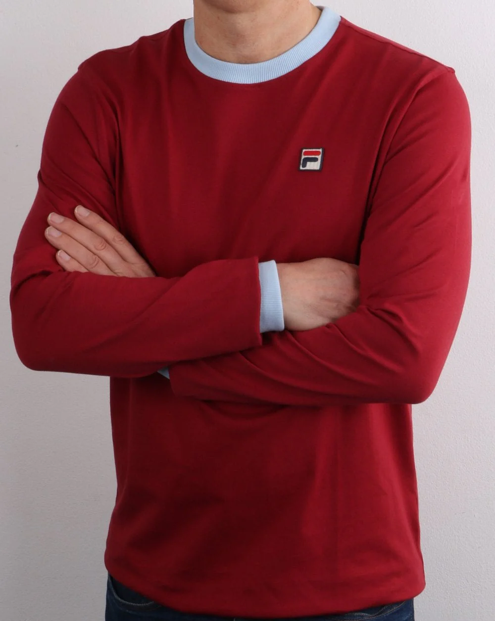 Fila Vintage Long Sleeve Ringer T Shirt Claret/Sky Blue - Image 4