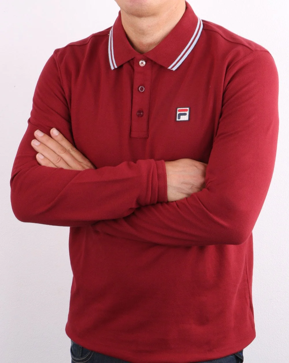 Fila Vintage Tipped Long Sleeve Polo Shirt Claret/Blue - Image 2