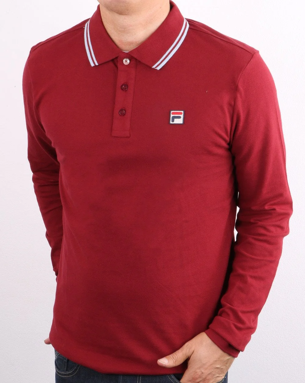 Fila Vintage Tipped Long Sleeve Polo Shirt Claret/Blue - Image 3