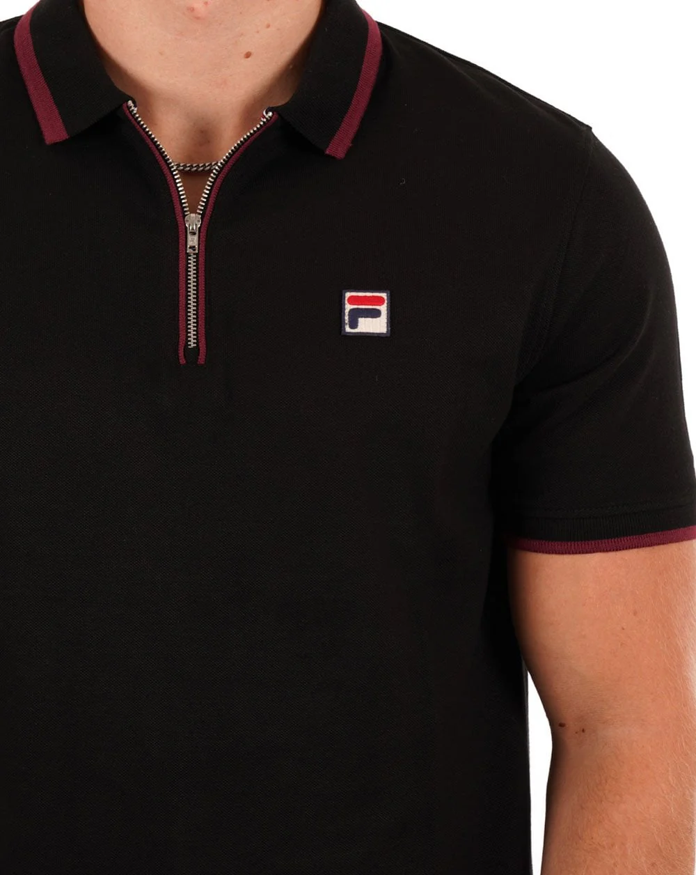 Fila Vintage Tipped Zip Polo Shirt Black/Burgundy - Image 3