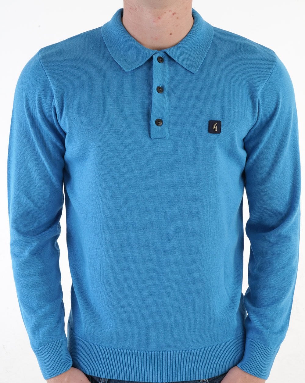 Gabicci Vintage Francesco LS Knitted Polo Shirt Blue - Image 3
