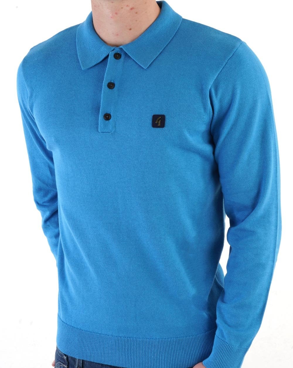 Gabicci Vintage Francesco LS Knitted Polo Shirt Blue - Image 4