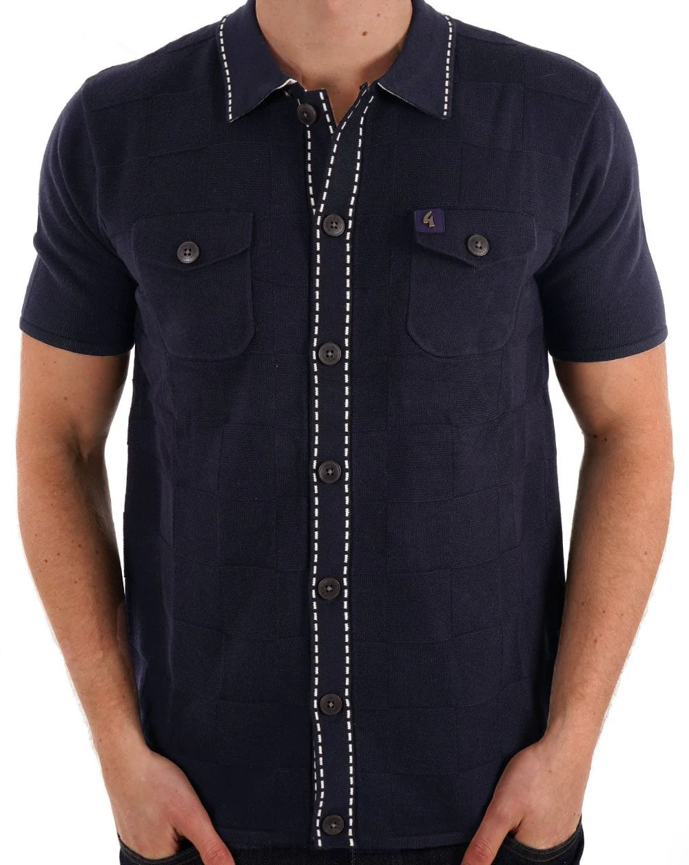 Gabicci Vintage Full Button Knitted Polo Navy - Image 3