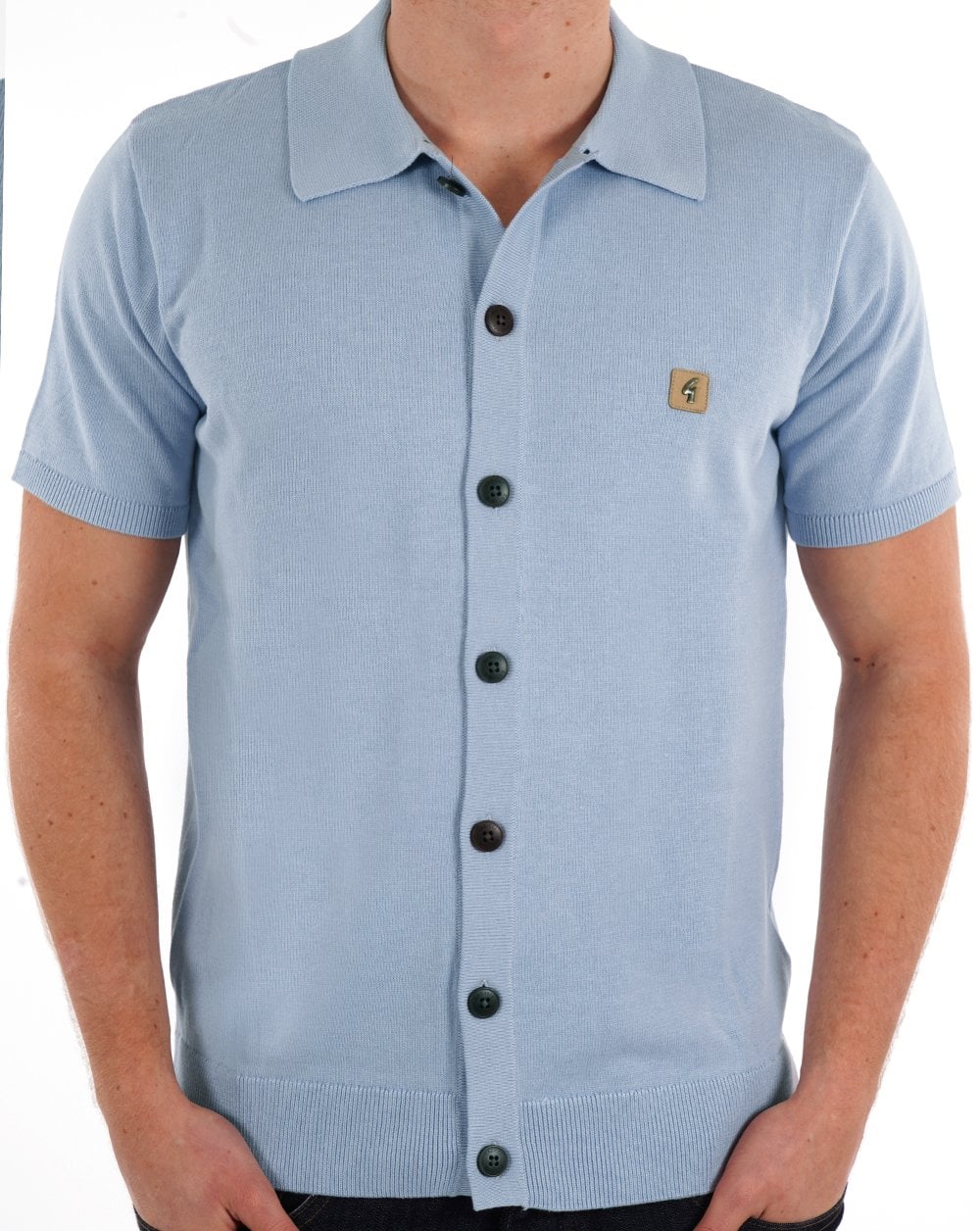 Gabicci Vintage Full Button Polo Shirt Sky - Image 3