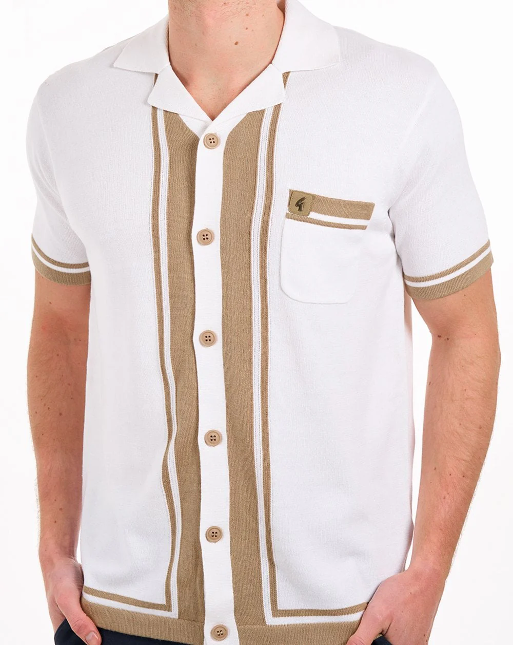 Gabicci Vintage Havana Cuban Knit Shirt Off White / Sandstone - Image 2