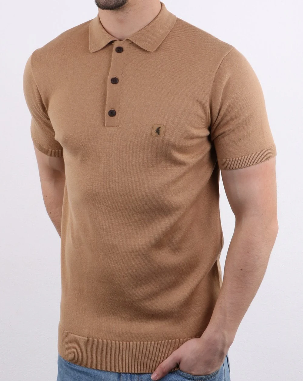 Gabicci Vintage Jackson Knitted Polo Light Brown - Image 2