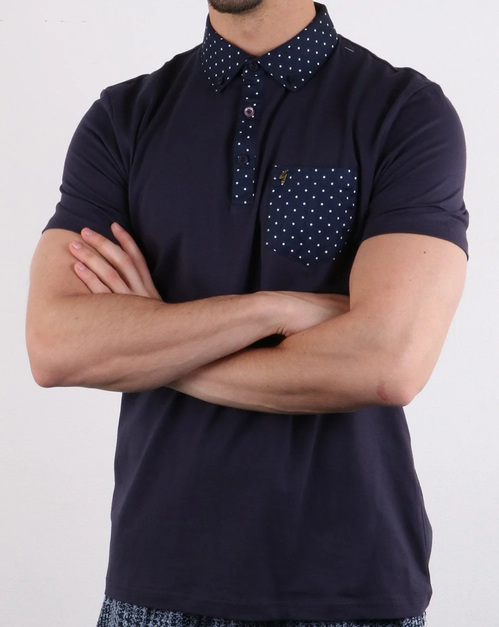 Gabicci Vintage Kemble Woven Print Polo Navy - Image 3