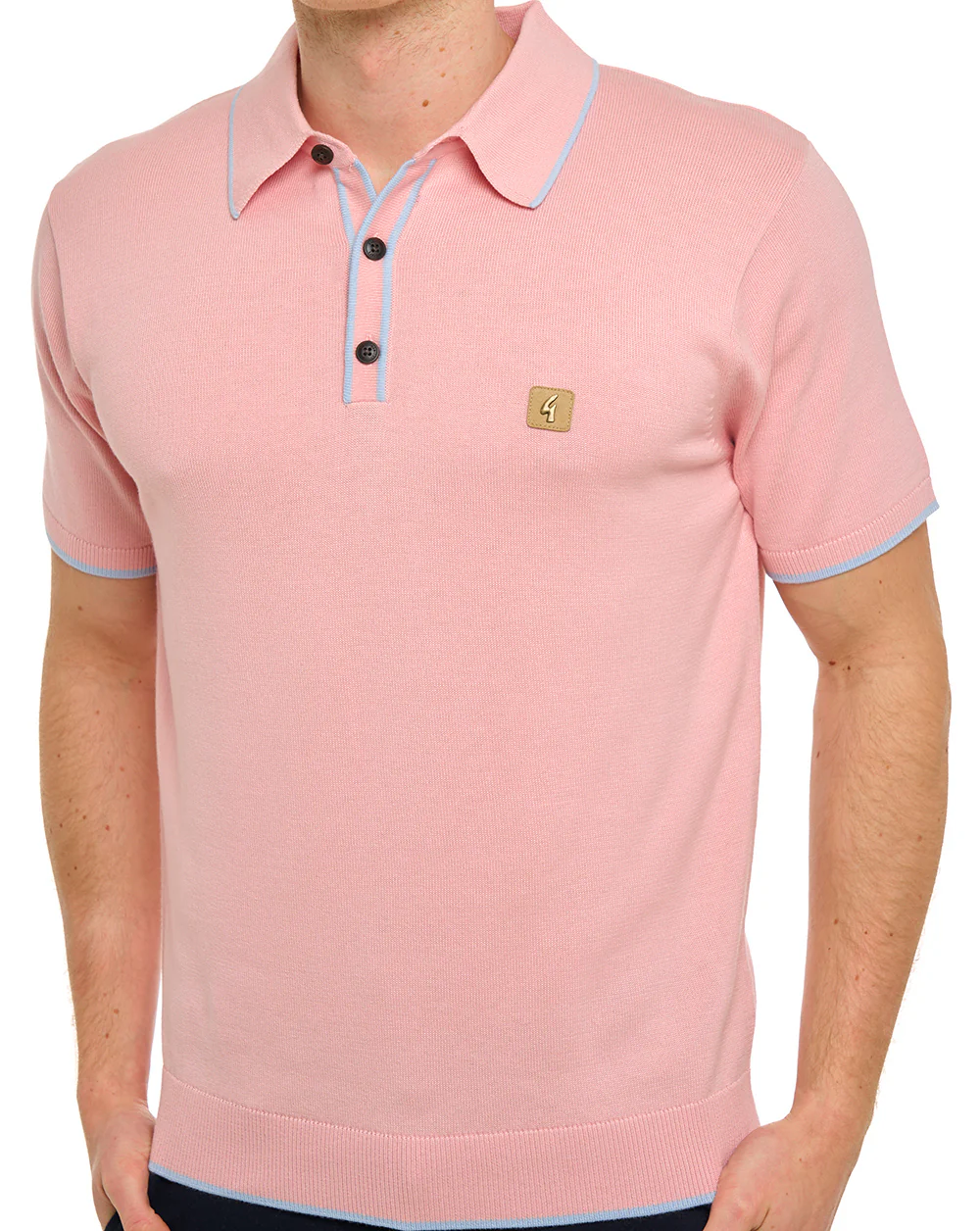 Gabicci Vintage Lineker Tipped Knitted Polo Pink Sky - Image 3