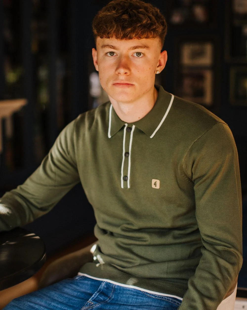Gabicci Vintage Lineker Long Sleeve Knitted Polo Olive - Image 2