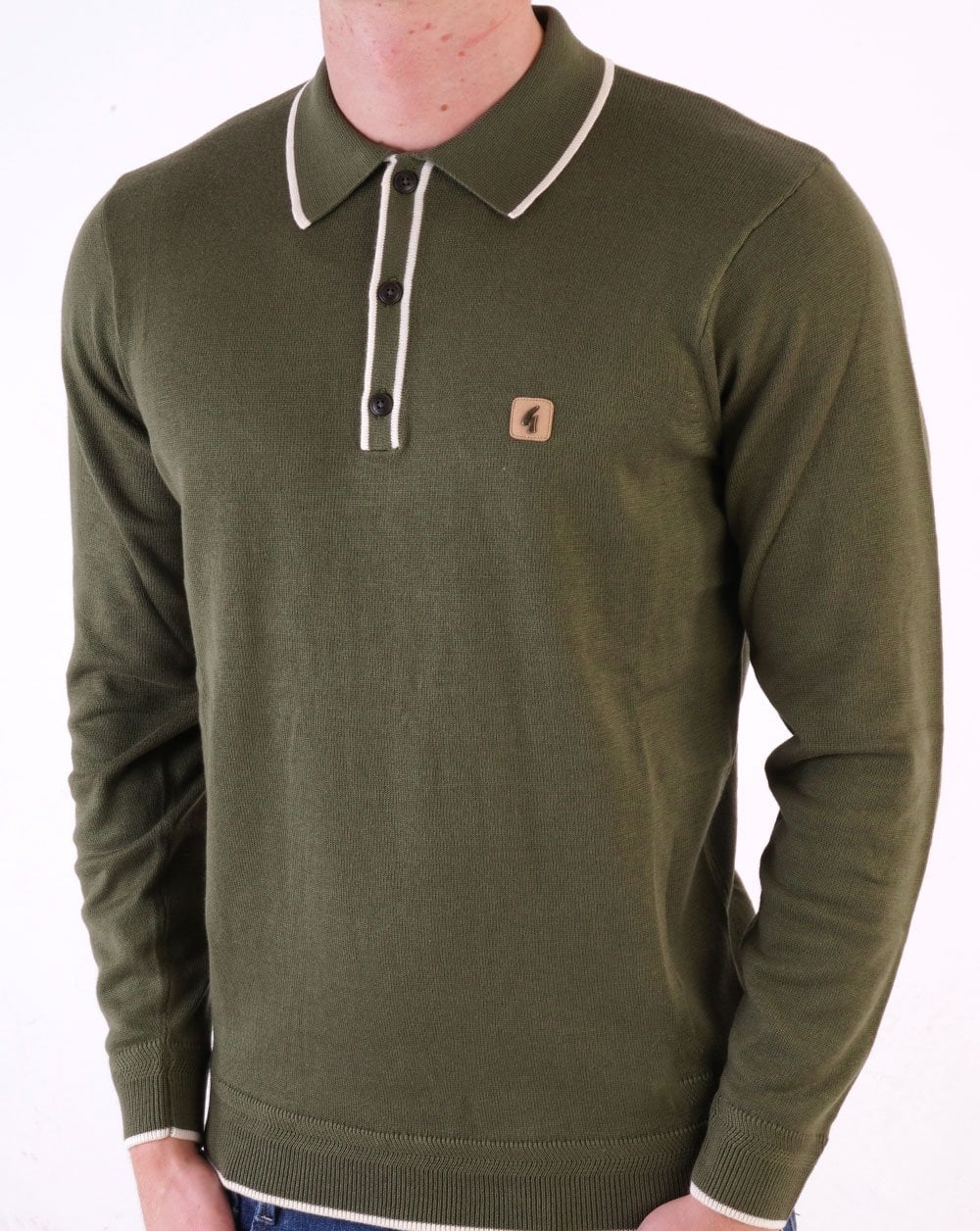 Gabicci Vintage Lineker Long Sleeve Knitted Polo Olive - Image 3