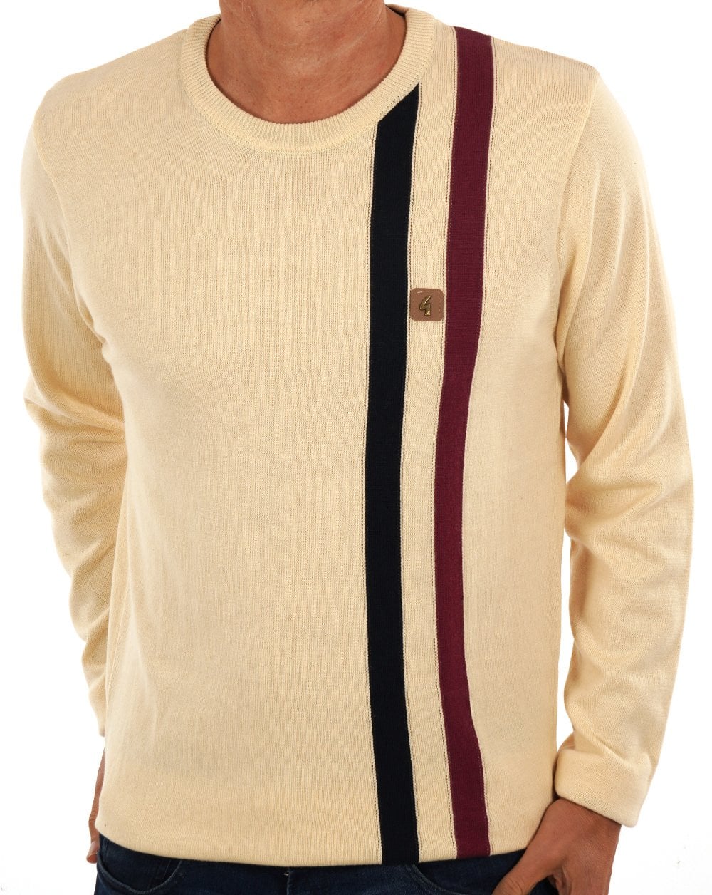 Gabicci Vintage Twin Stripe Crew Neck Knit Cream - Image 2
