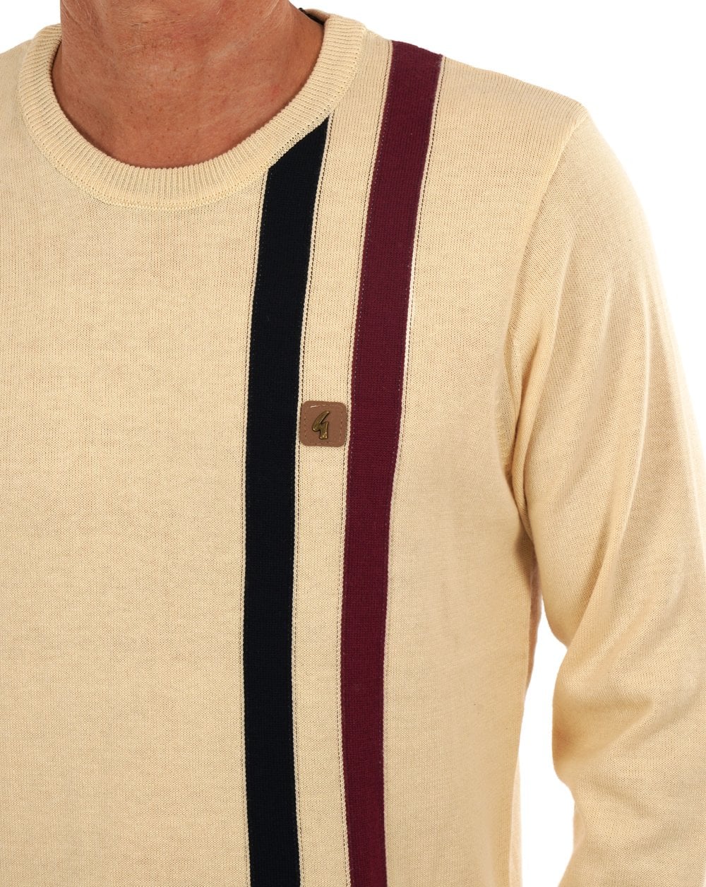 Gabicci Vintage Twin Stripe Crew Neck Knit Cream - Image 3