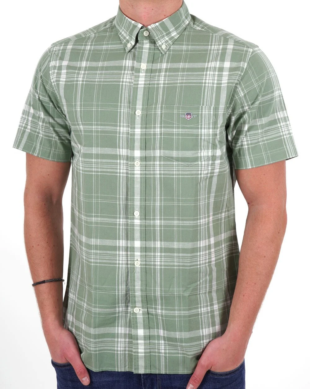 Gant Check Cotton Linen SS Shirt Green - Image 3