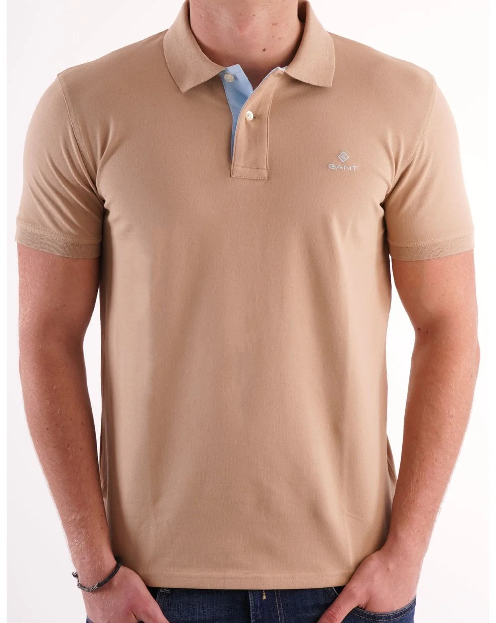 Gant Contrast Collar Polo Beige/Sky Blue - Image 3