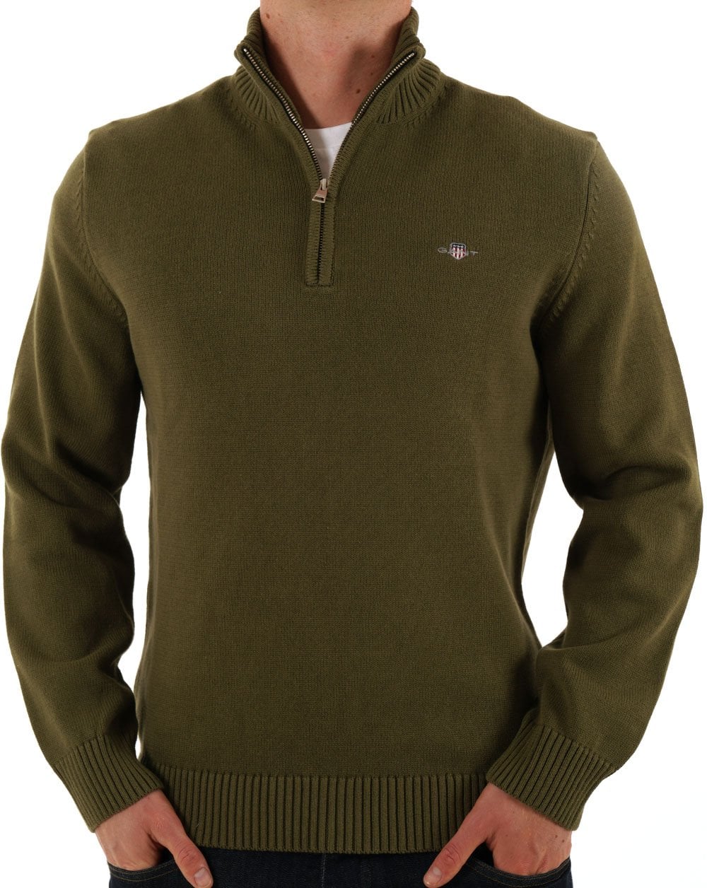 Gant Cotton Half Zip Sweater Moss Green - Image 3