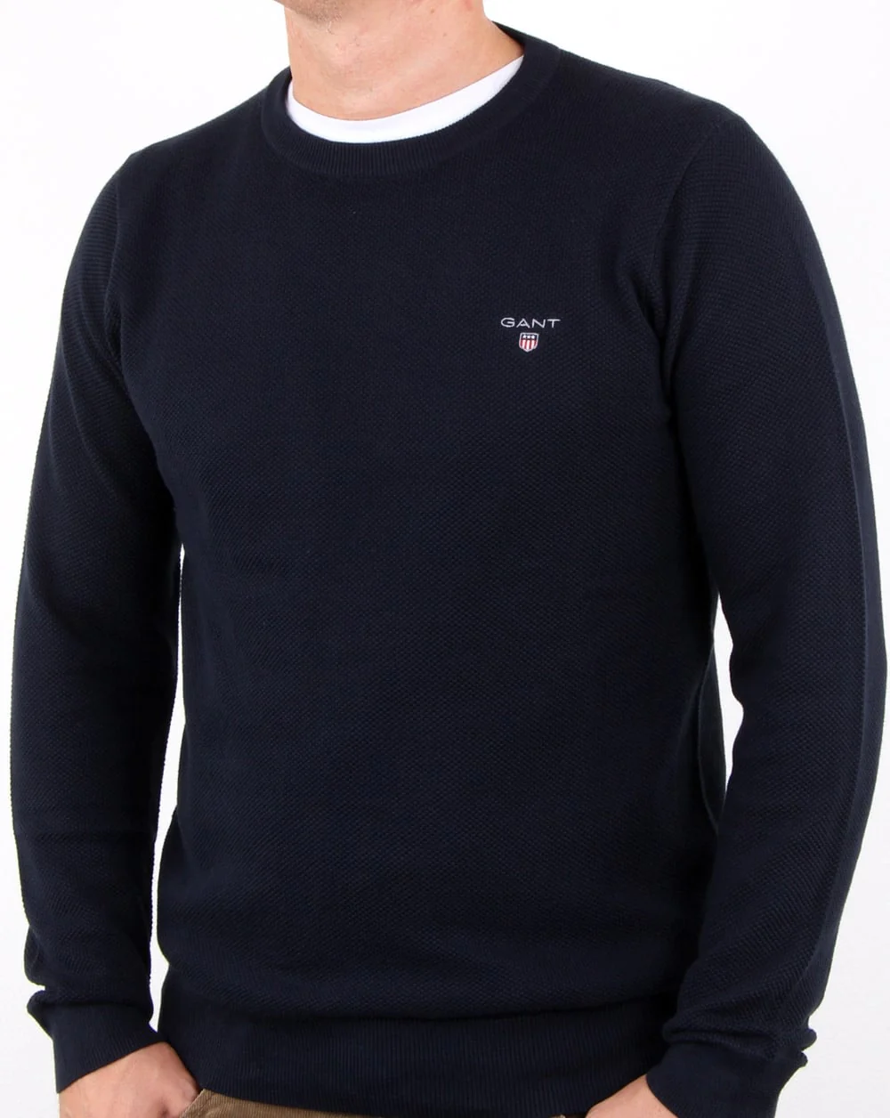 Gant Pique Crew Neck Jumper Evening Blue - Image 3
