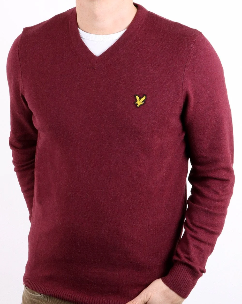 Lyle And Scott Cotton Merino V Neck Jumper Claret Marl - Image 2