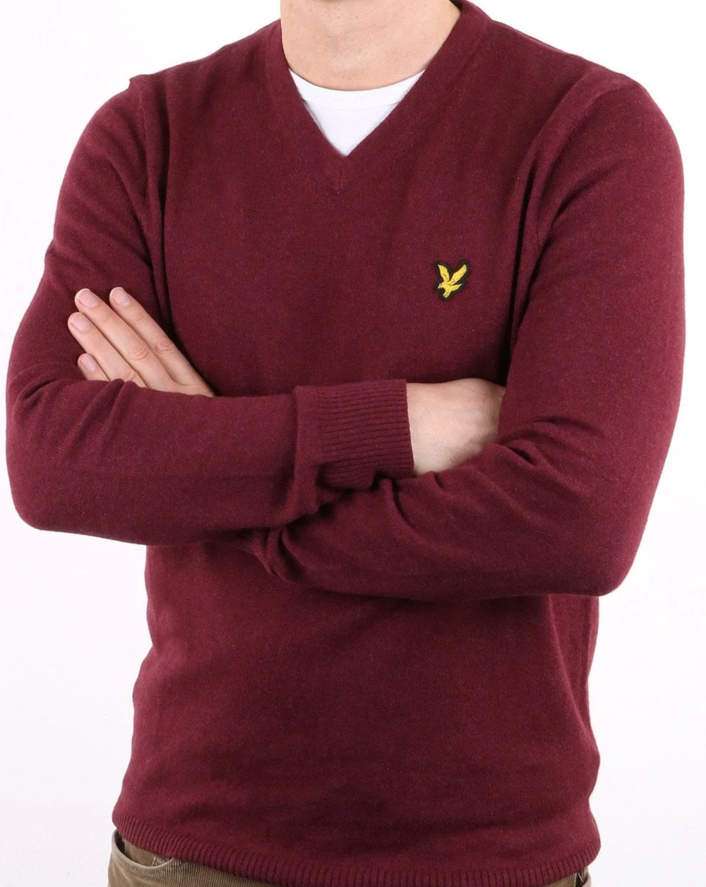 Lyle And Scott Cotton Merino V Neck Jumper Claret Marl - Image 3