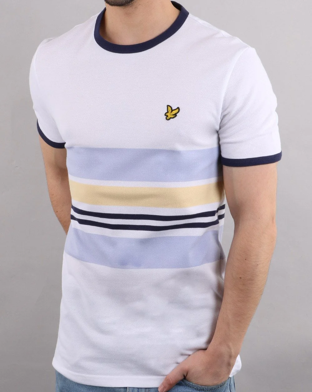 Lyle And Scott Pique Stripe Ringer T-shirt White/Pale Blue/Yellow - Image 2