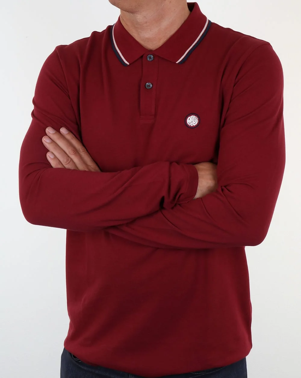 Pretty Green Barton Long Sleeve Tipped Polo Dark Red - Image 4