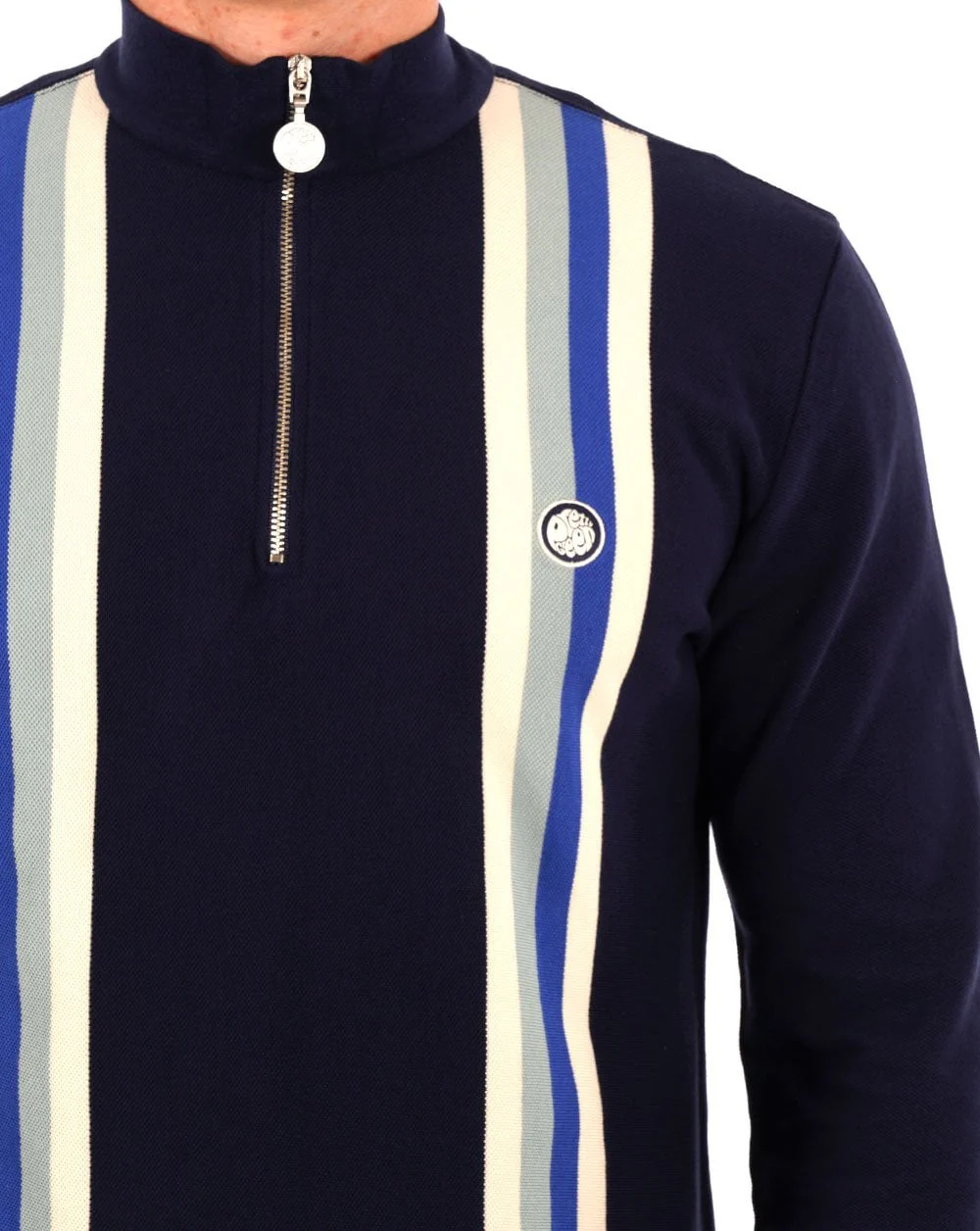 Pretty Green LS Stripe Zip Neck Polo Navy - Image 2