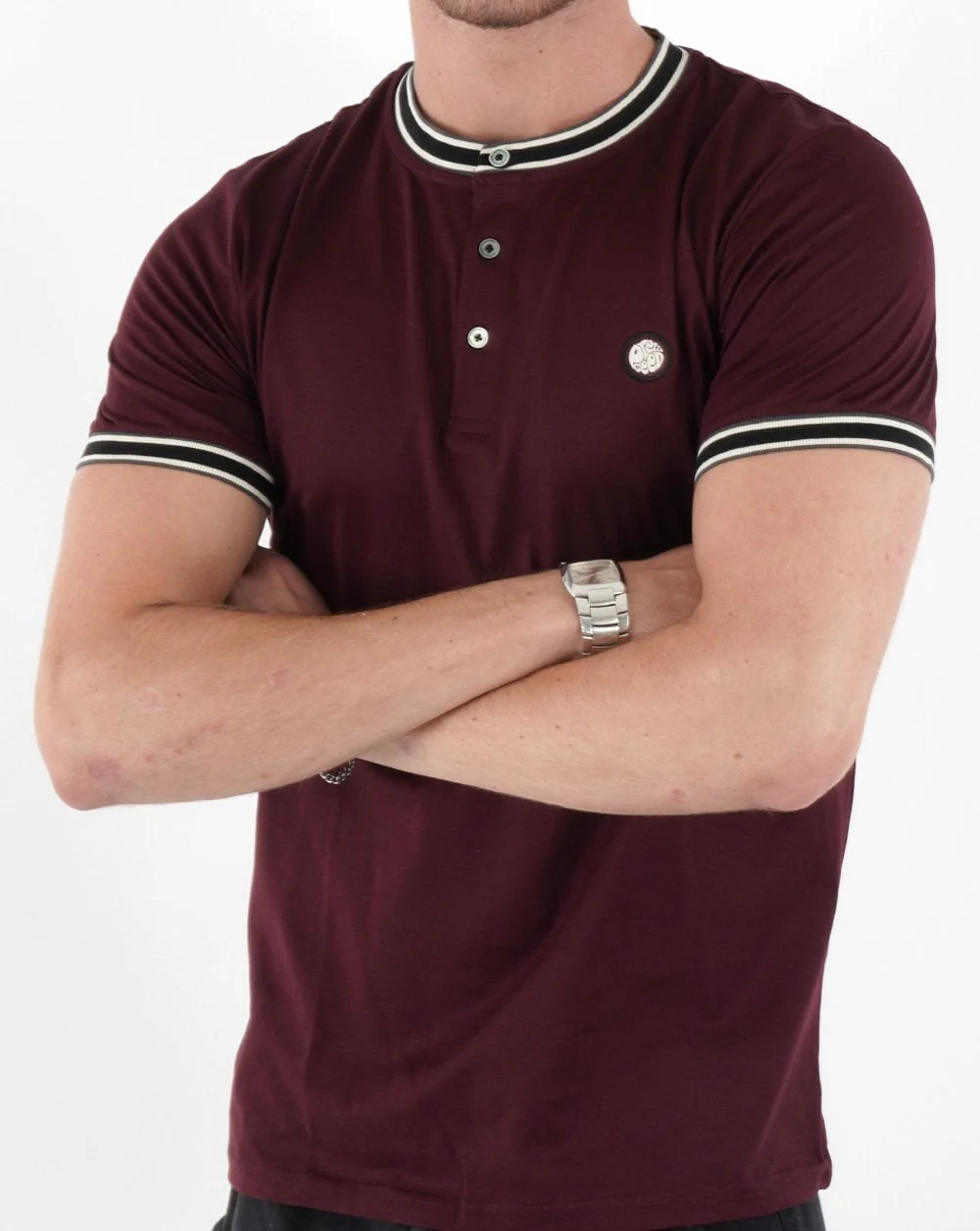 Pretty Green Marriot Henley T-shirt Burgundy - Image 3