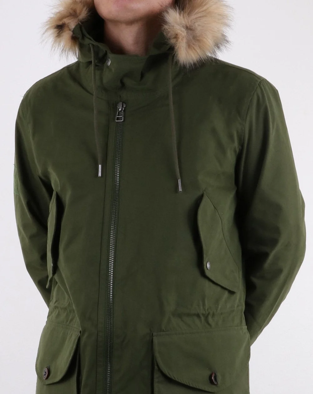 Pretty Green Mens Fur Trim Hooded Parka Khaki