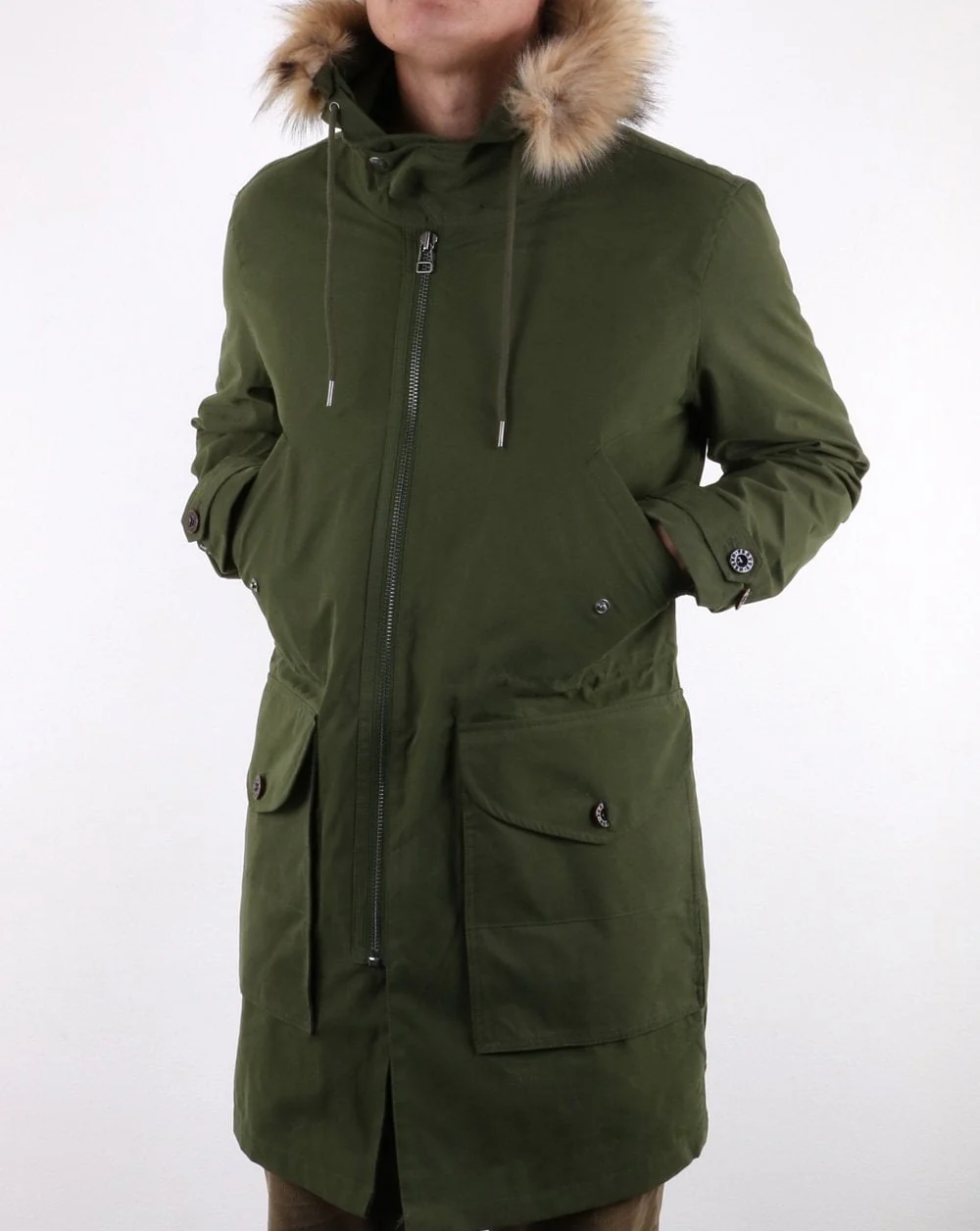 Pretty Green Mens Fur Trim Hooded Parka Khaki - Image 3