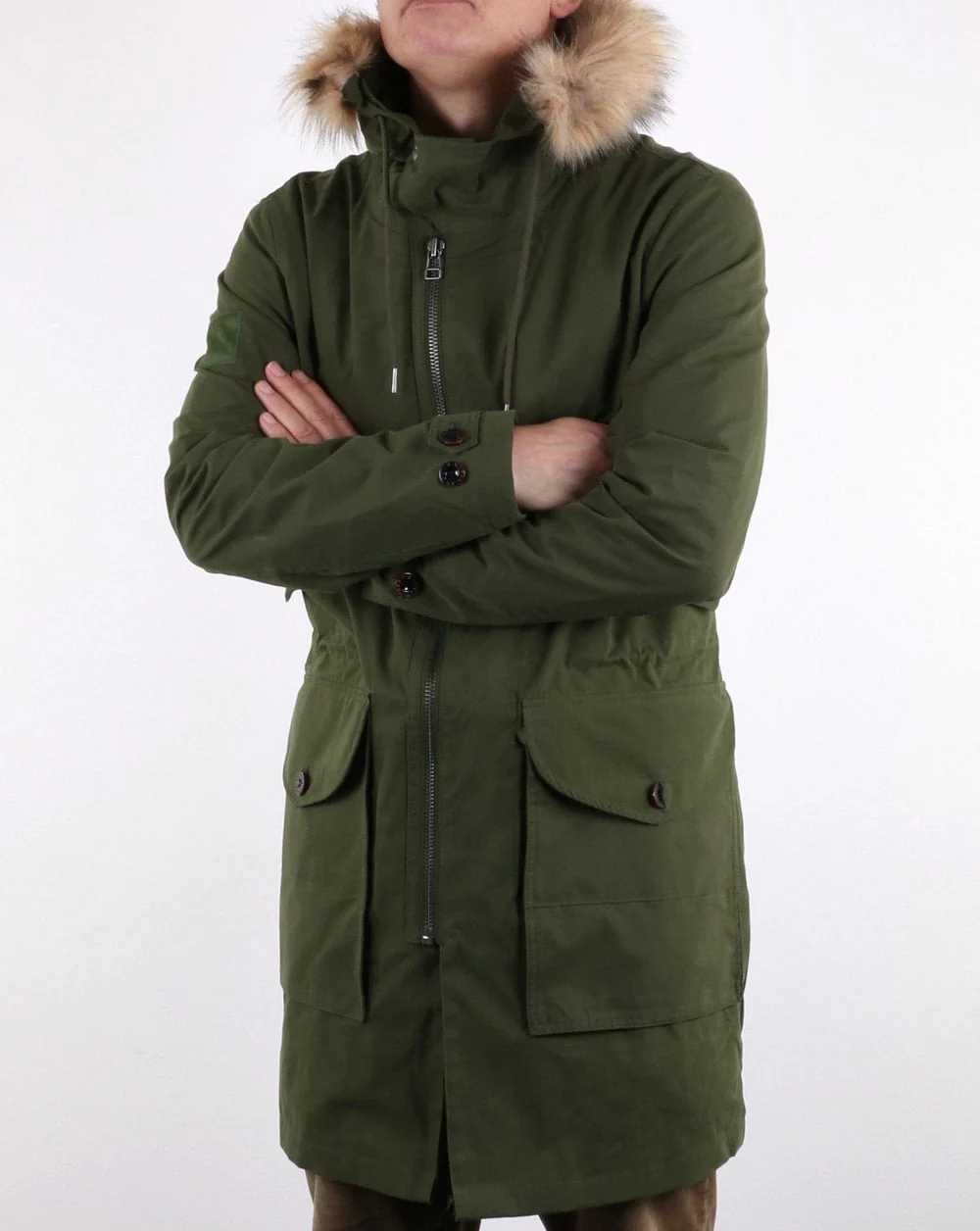 Pretty Green Mens Fur Trim Hooded Parka Khaki - Image 4