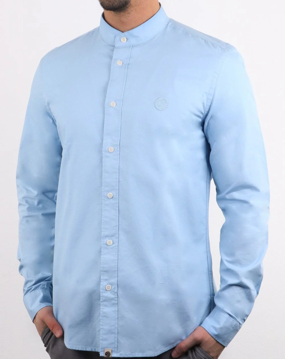 Pretty Green Mens Slim Fit Collarless Shirt Blue