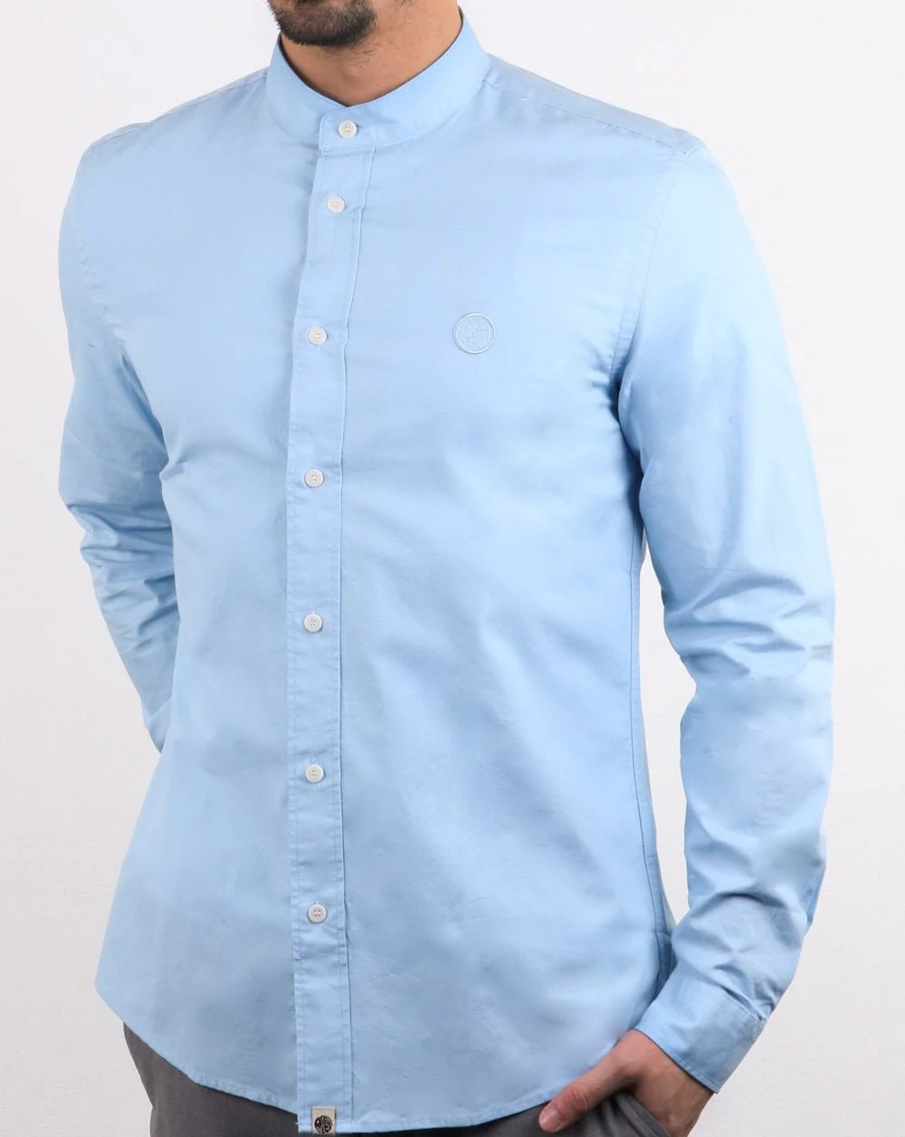 Pretty Green Mens Slim Fit Collarless Shirt Blue - Image 2