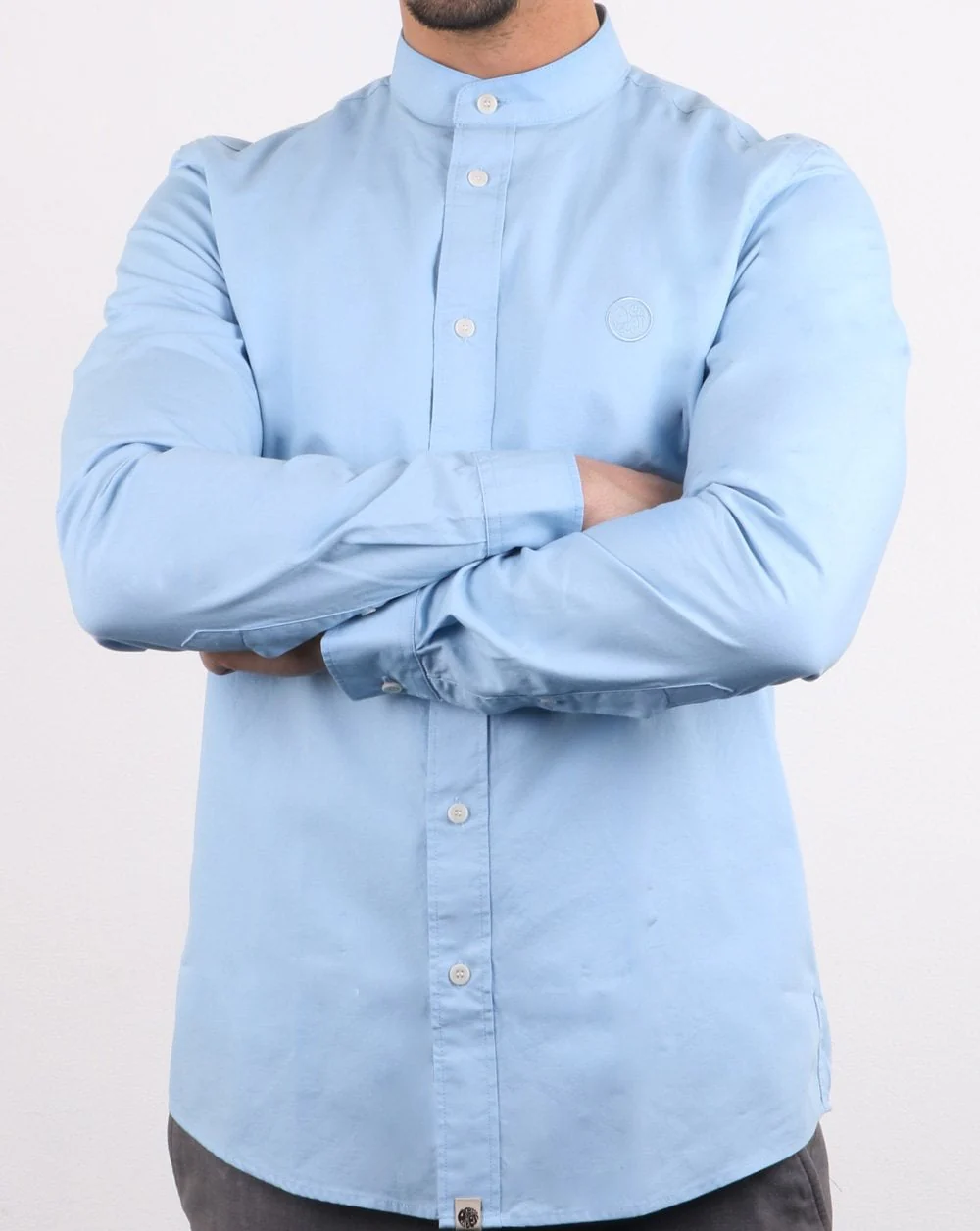 Pretty Green Mens Slim Fit Collarless Shirt Blue - Image 3