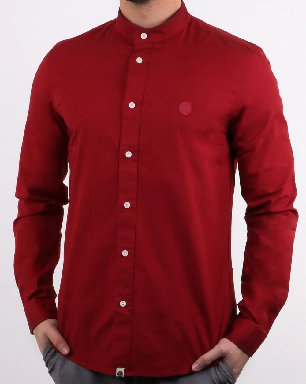 Pretty Green Mens Slim Fit Collarless Shirt Red - Image 2
