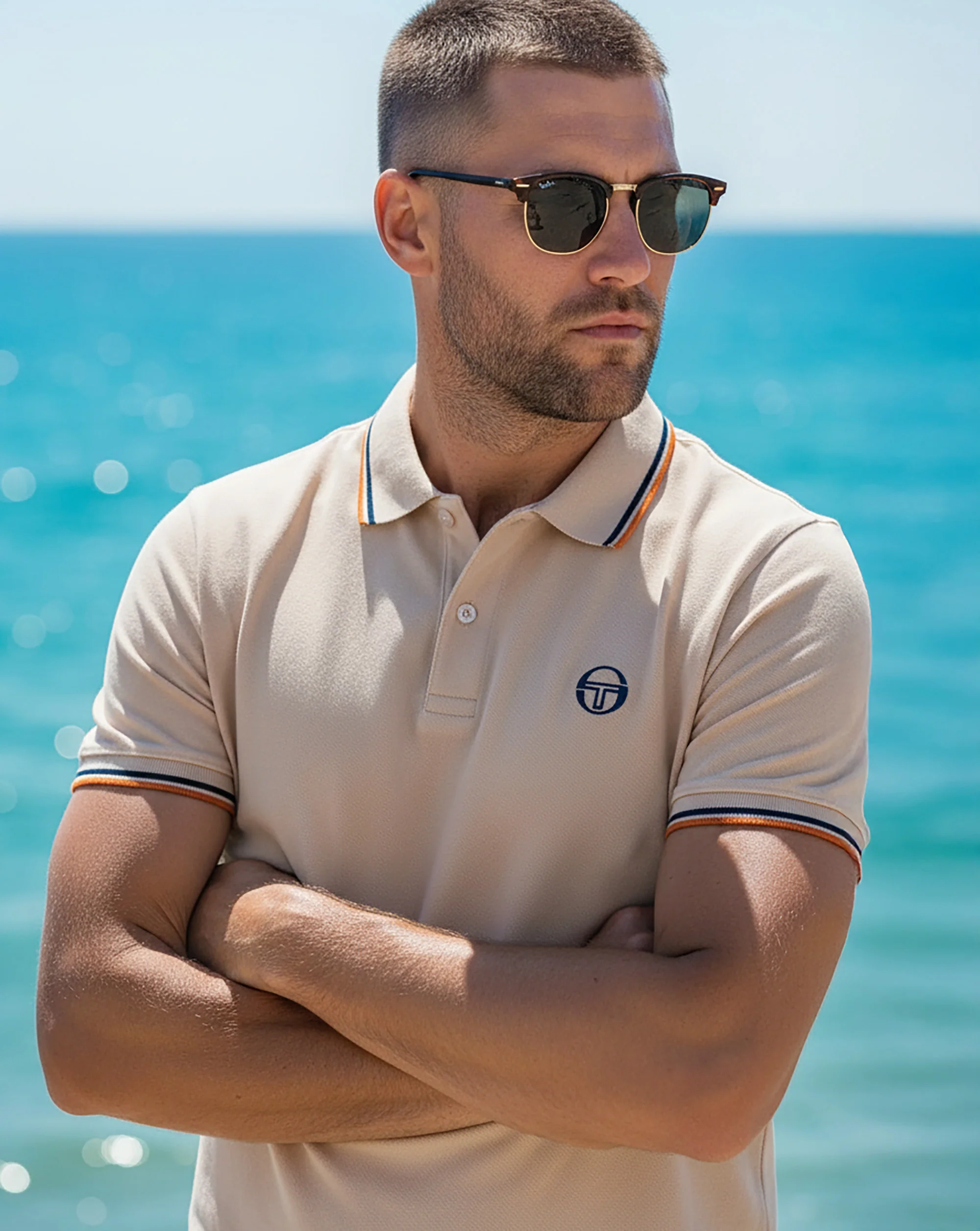 Sergio Tacchini Tipped Polo Shirt Sand Navy Orange