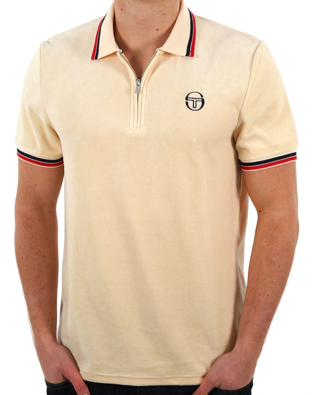 Sergio Tacchini Tipped Velour Zip Polo Ivory - Image 3